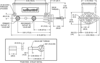 TANDEM MASTER CYLINDER,64-73 MUSTANG,W/PUSHROD,7/8"