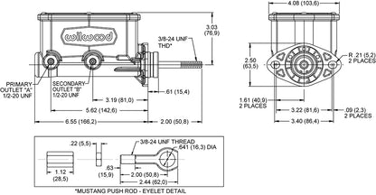 TANDEM COMPACT MASTER CYLINDER,64-73 MUSTANG,7/8",CHROME