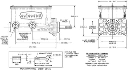 TANDEM COMPACT MASTER CYLINDER,MOPAR 4-BOLT,WITH PUSH ROD,1",BLACK