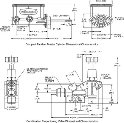 TANDEM COMPACT MASTER CYLINDER & PROPORTIONING VALVE,15/16,CHROME