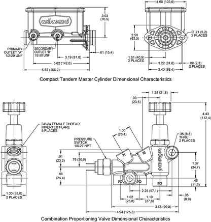 TANDEM COMPACT MASTER CYLINDER & PROPORTIONING VALVE,1 1/8",POLISHED