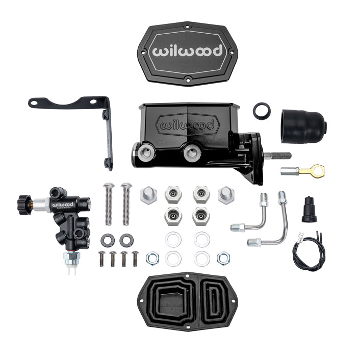 TANDEM COMPACT MASTER CYLINDER & L/H PROP VALVE,MOPAR 4-BOLT,15/16" W/ ROD,BLACK