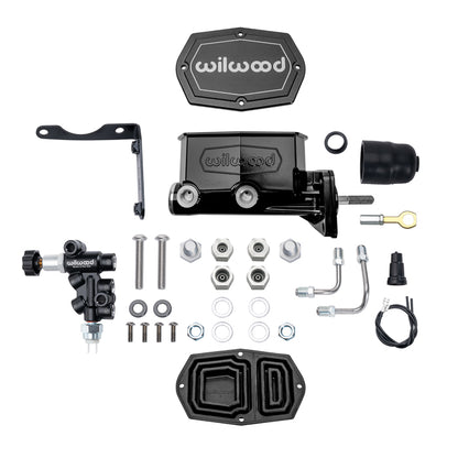 TANDEM COMPACT MASTER CYLINDER & L/H PROP VALVE,MOPAR 4-BOLT,15/16" W/ ROD,BLACK