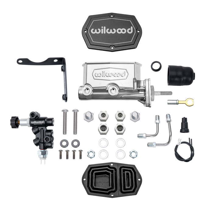 TANDEM COMPACT MASTER CYLINDER & L/H PROP VALVE,MOPAR 4-BOLT,15/16 W/ ROD,CHROME