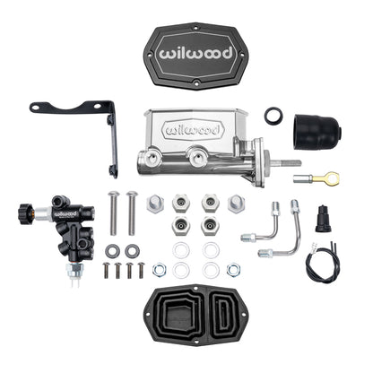 TANDEM COMPACT MASTER CYLINDER & L/H PROP VALVE,MOPAR 4-BOLT,15/16 W/ ROD,CHROME