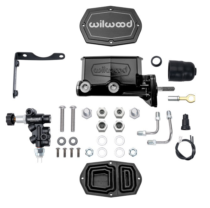 TANDEM COMPACT MASTER CYLINDER & R/H PROP VALVE,MOPAR 4-BOLT,15/16" W/ ROD,BLACK