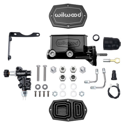 TANDEM COMPACT MASTER CYLINDER & R/H PROP VALVE,MOPAR 4-BOLT,15/16" W/ ROD,BLACK
