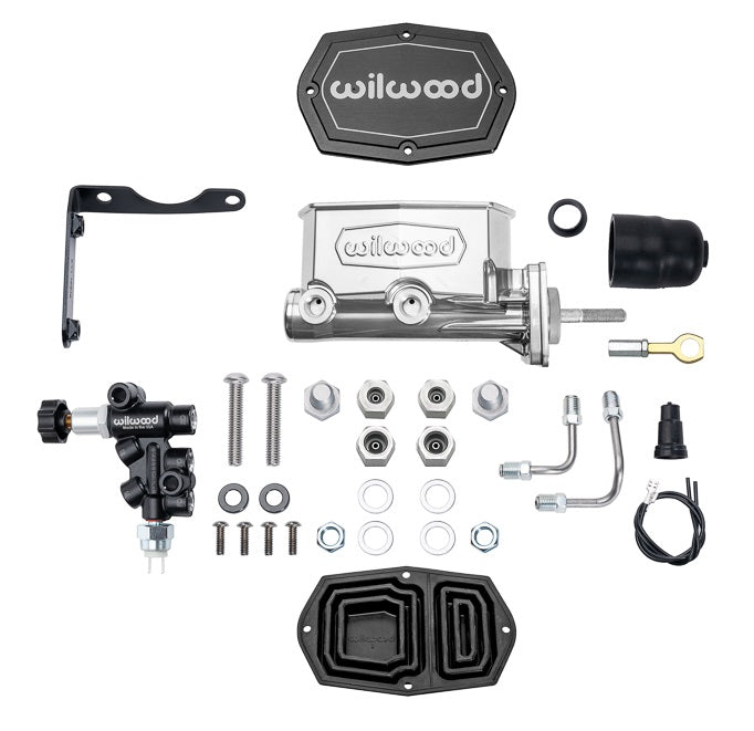 TANDEM COMPACT MASTER CYLINDER & R/H PROP VALVE,MOPAR 4-BOLT,15/16 W/ ROD,CHROME