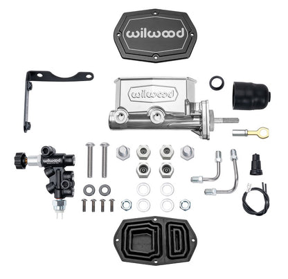 TANDEM COMPACT MASTER CYLINDER & R/H PROP VALVE,MOPAR 4-BOLT,15/16 W/ ROD,CHROME