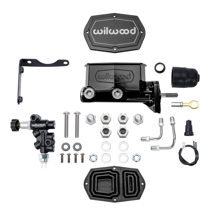 TANDEM COMPACT MASTER CYLINDER & R/H PROP VALVE,MOPAR 4-BOLT,1" W/ ROD,BLACK