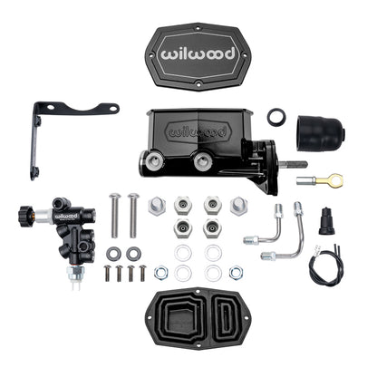TANDEM COMPACT MASTER CYLINDER & R/H PROP VALVE,MOPAR 4-BOLT,1" W/ ROD,BLACK