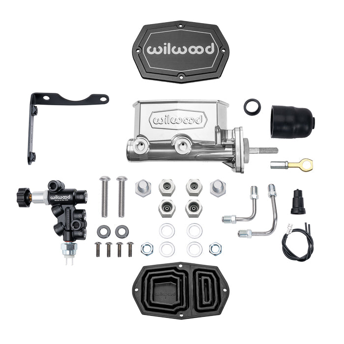 TANDEM COMPACT MASTER CYLINDER & R/H PROP VALVE,MOPAR 4-BOLT,1" W/ ROD,CHROME