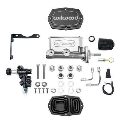 TANDEM COMPACT MASTER CYLINDER & R/H PROP VALVE,MOPAR 4-BOLT,1" W/ ROD,CHROME