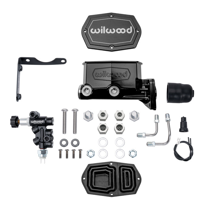 TANDEM COMPACT MASTER CYLINDER & R/H PROPORTIONING VALVE,MOPAR 4-BOLT,1",BLACK