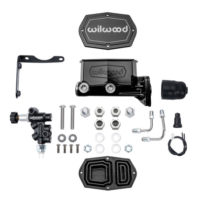 TANDEM COMPACT MASTER CYLINDER & R/H PROPORTIONING VALVE,MOPAR 4-BOLT,1",BLACK