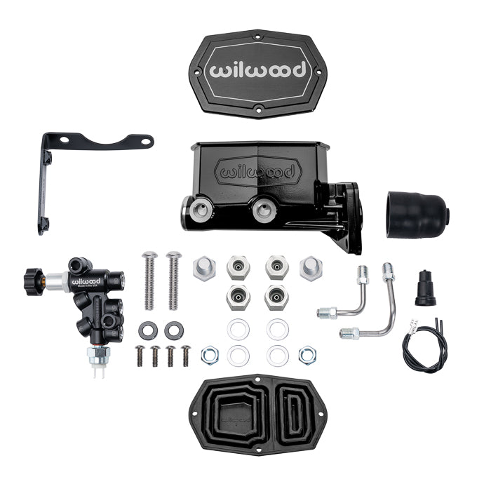 TANDEM COMPACT MASTER CYLINDER & R/H PROP VALVE,MOPAR 4-BOLT,1 1/8",BLACK