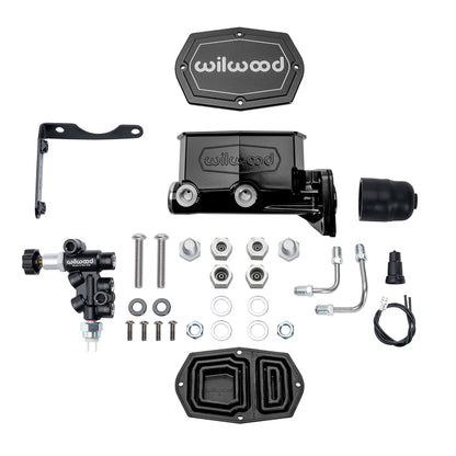 TANDEM COMPACT MASTER CYLINDER & R/H PROP VALVE,MOPAR 4-BOLT,1 1/8",BLACK