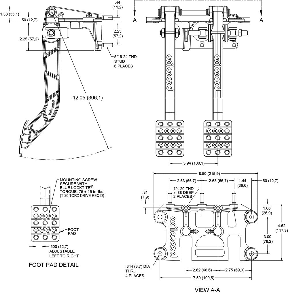 BRAKE & CLUTCH PEDALS,SWING,6.25:1,W/ 3 MASTER CYLINDERS,3/4",7/8",1"