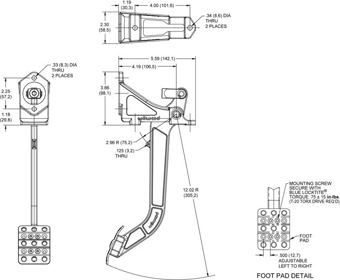 BRAKE OR CLUTCH PEDAL,REVERSE SWING,6:1,W/ MASTER CYLINDER,3/4"