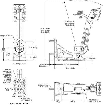 BRAKE OR CLUTCH PEDAL,FLOOR,5.25-6:1,W/ MASTER CYLINDER,3/4"