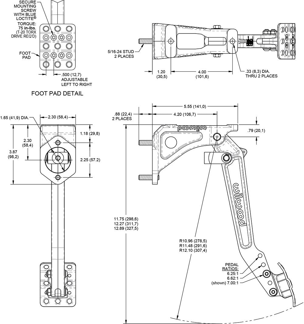 BRAKE OR CLUTCH PEDAL,SWING,6.25-7:1,W/ MASTER CYLINDER,3/4"