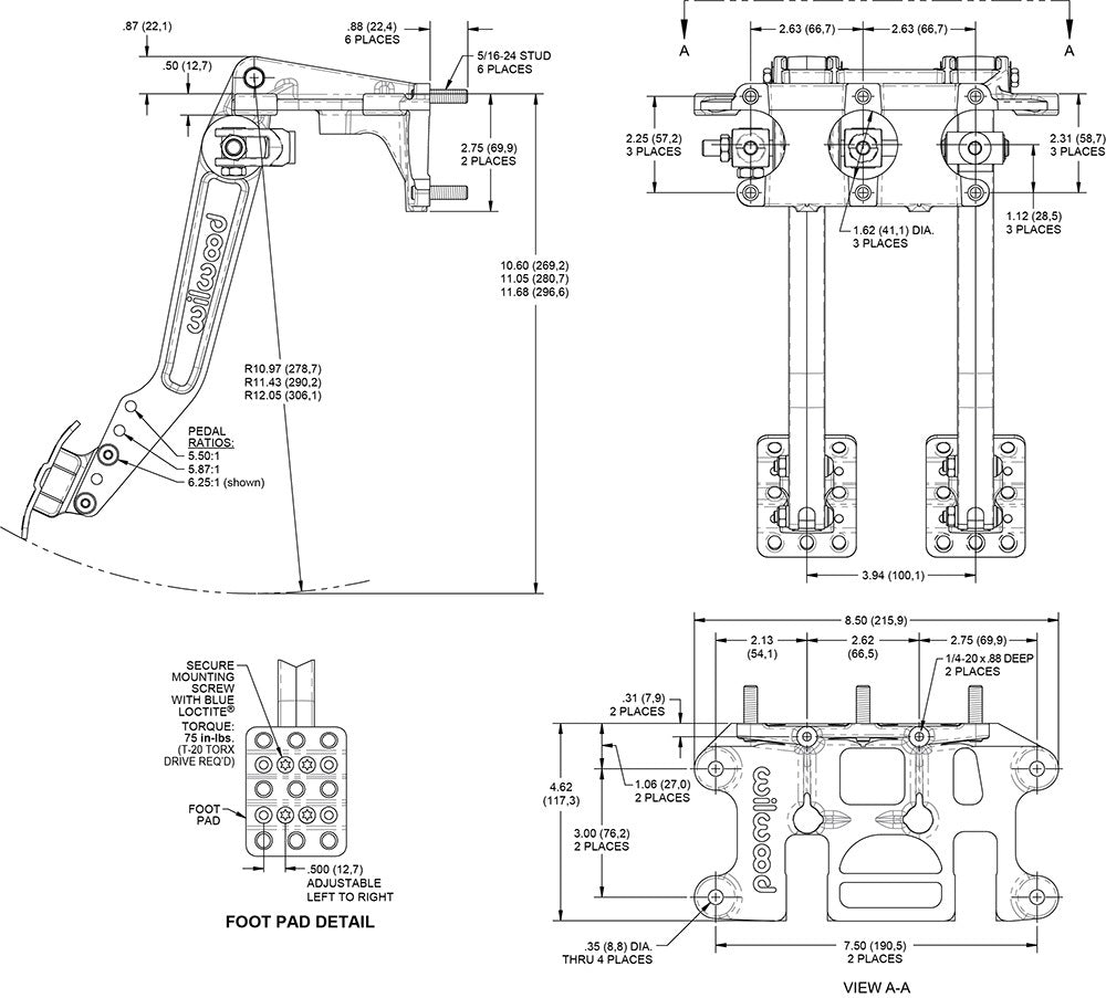 BRAKE & CLUTCH PEDALS,SWING,5.5-6.25:1,W/ 3 MASTER CYLINDERS,3/4",7/8",1"