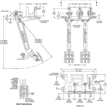 BRAKE & CLUTCH PEDALS,REVERSE SWING,5.5-6.25:1,3 MASTER CYLINDERS,3/4",7/8",1"