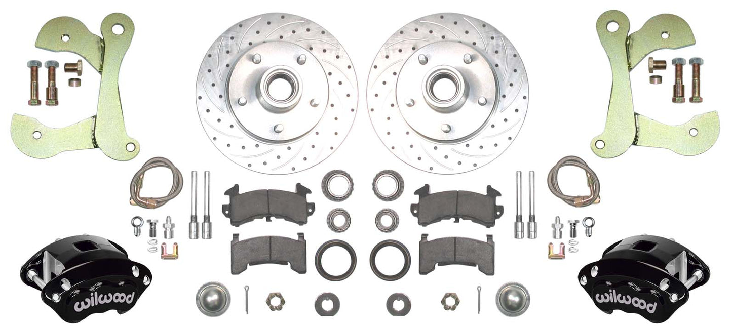 55-57 CHEVY DISC BRAKE CONVERSION KIT,11" DRILLED ROTORS,D154 BLACK WIL CALIPERS