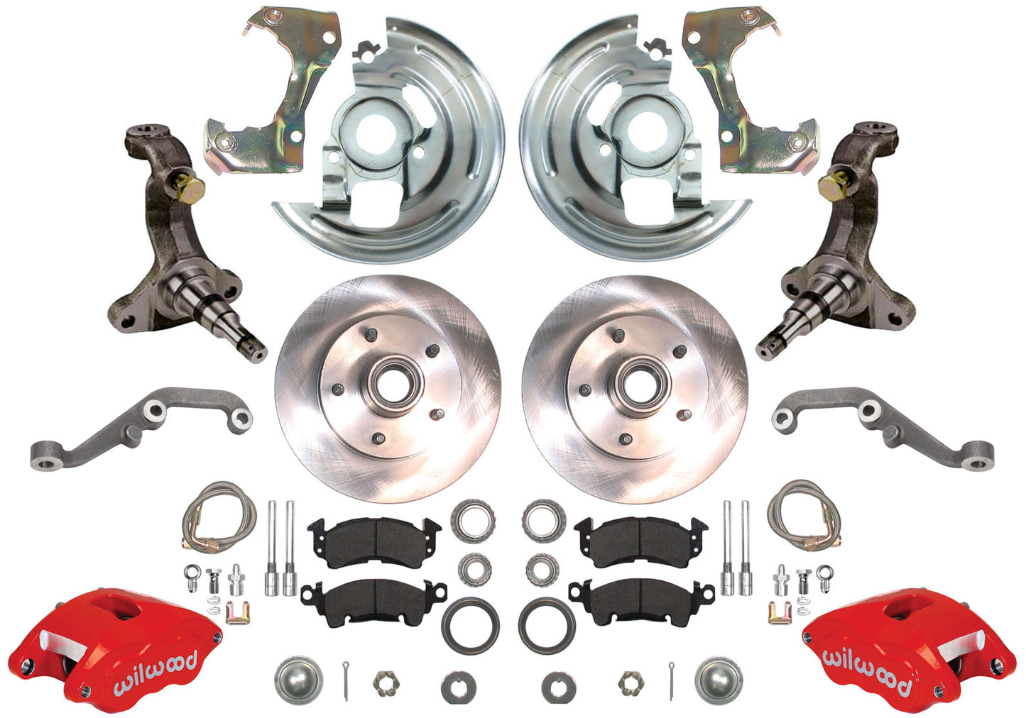 62-67 X-BODY DISC BRAKE & STOCK HEIGHT SPINDLE KIT,11" ROTORS,RED WIL CALIPERS