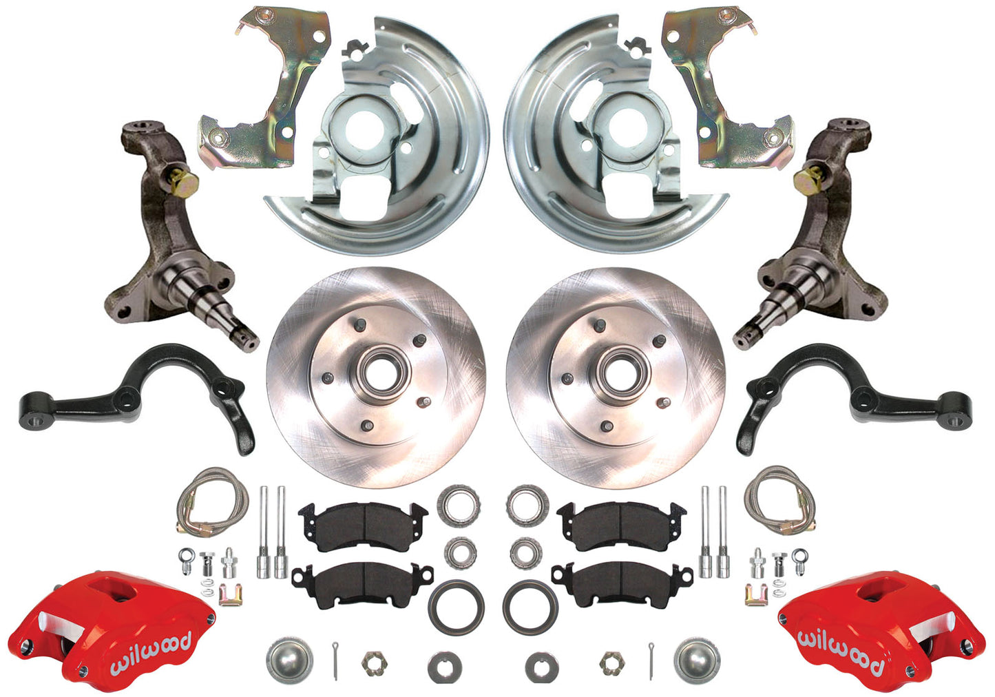 64-72 A-BODY DISC BRAKE & STOCK HEIGHT SPINDLE KIT,11" ROTORS,RED WIL CALIPERS