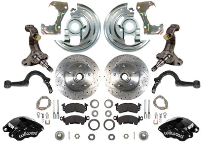 64-72 A-BODY DISC BRAKE & STOCK HEIGHT SPINDLE KIT,11" DRILLED ROTORS,BLACK WIL