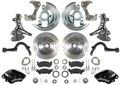 64-72 A-BODY DISC BRAKE & 2" DROP SPINDLE KIT,11" DRILLED ROTORS,BLACK CALIPERS