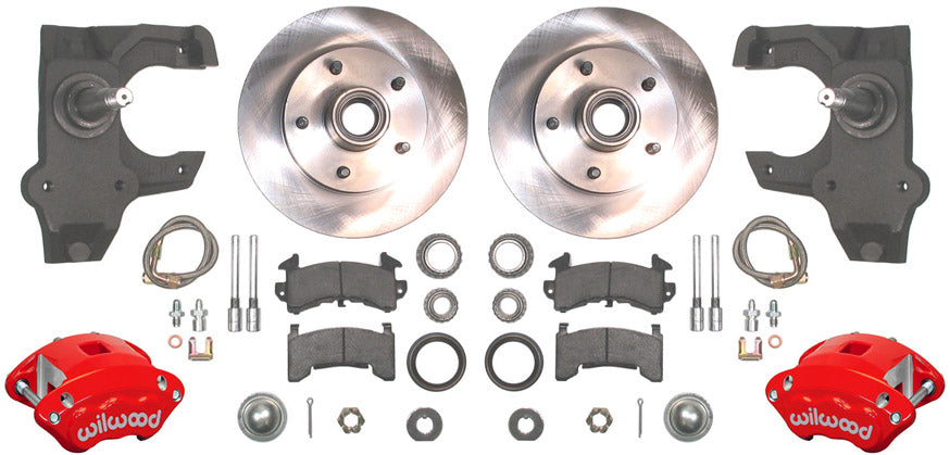 55-57 CHEVY DISC BRAKE & 2" DROP SPINDLE KIT,10.5" ROTORS,RED WILWOOD CALIPERS