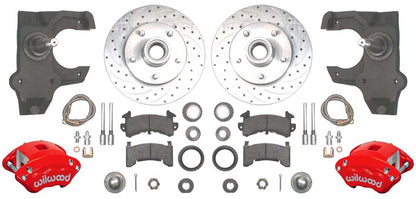 55-57 CHEVY DISC BRAKE & 2" DROP SPINDLE KIT,10.5" DRILLED ROTORS,RED WILWOOD