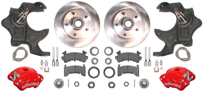 67-69 F-BODY DISC BRAKE & 1-PIECE 2" DROP SPINDLE KIT,11" ROTORS,RED CALIPERS