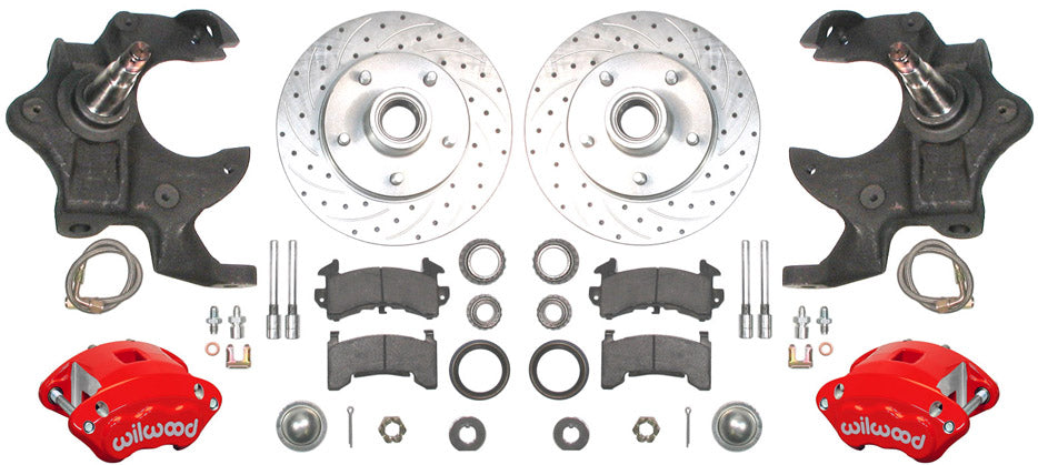 67-69 F-BODY DISC BRAKE & 1-PIECE 2" DROP SPINDLE KIT,11" DRILLED ROTORS,RED