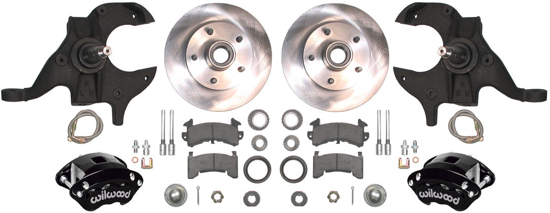 64-72 A-BODY DISC BRAKE & 1-PIECE 2" DROP SPINDLE KIT,11" ROTORS,BLACK CALIPERS