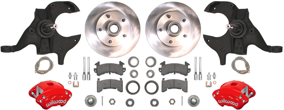 64-72 A-BODY DISC BRAKE & 1-PIECE 2" DROP SPINDLE KIT,11" ROTORS,RED CALIPERS