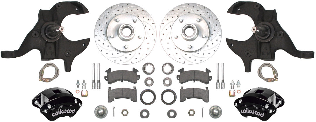 64-72 A-BODY DISC BRAKE & 1-PIECE 2" DROP SPINDLE KIT,11" DRILLED ROTORS,BLACK