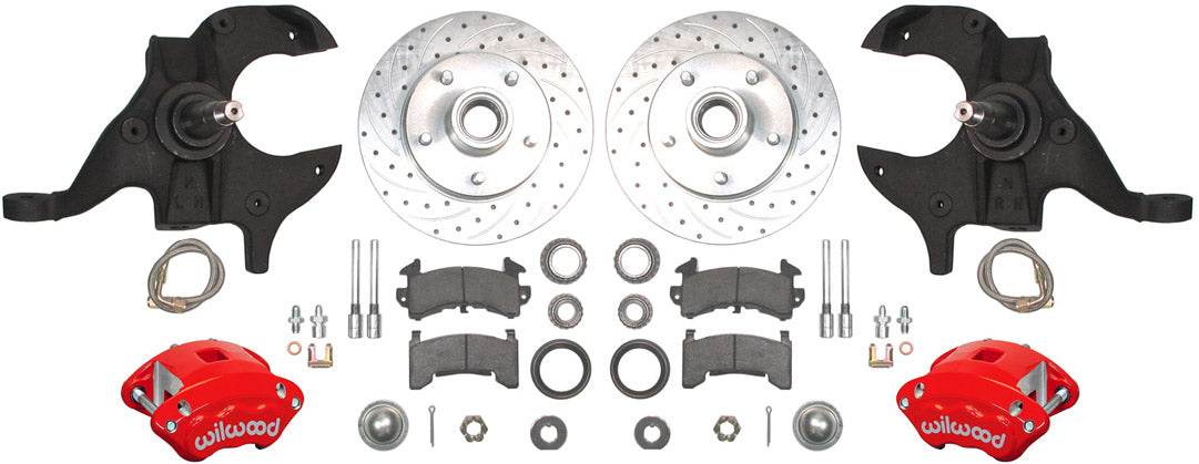 64-72 A-BODY DISC BRAKE & 1-PIECE 2" DROP SPINDLE KIT,11" DRILLED ROTORS,RED CAL