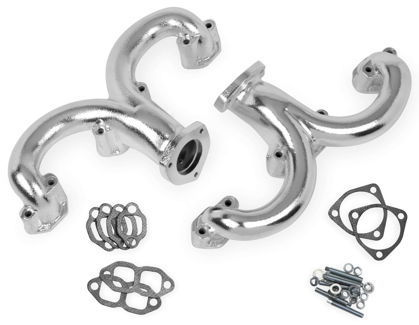 EXHAUST MANIFOLDS,SBC,RAM HORN,2 1/4 OUTLET,SILVER