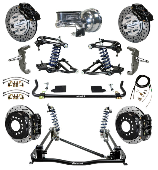 COILOVER & 4-LINK SYSTEM,ARMS,WILWOOD 11" DRILLED BRAKES,BLACK CAL.,55-57 CHEVY