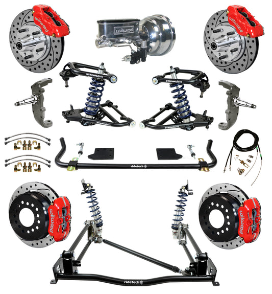 COILOVER & 4-LINK SYSTEM,ARMS,WILWOOD 11" DRILLED BRAKES,RED CALIPER,55-57 CHEVY