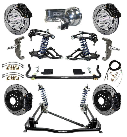 COILOVER & 4-LINK SYSTEM,ARMS,WILWOOD 12" DRILLED BRAKES,BLACK CAL.,55-57 CHEVY