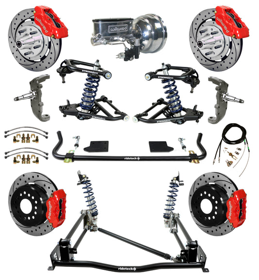 COILOVER & 4-LINK SYSTEM,ARMS,WILWOOD 12" DRILLED BRAKES,RED CALIPER,55-57 CHEVY