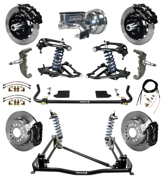 COILOVER & 4-LINK SYSTEM,WILWOOD 13" FRONT/12" REAR BRAKES,BLACK,55-57 CHEVY