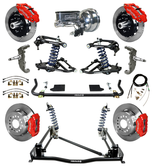 COILOVER & 4-LINK SYSTEM,WILWOOD 13" FRONT/12" REAR BRAKES,RED,55-57 CHEVY