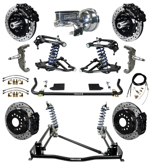 COILOVER & 4-LINK SYSTEM,WILWOOD 13" FRONT/12" REAR DRILLED BRAKES,BLACK,55-57
