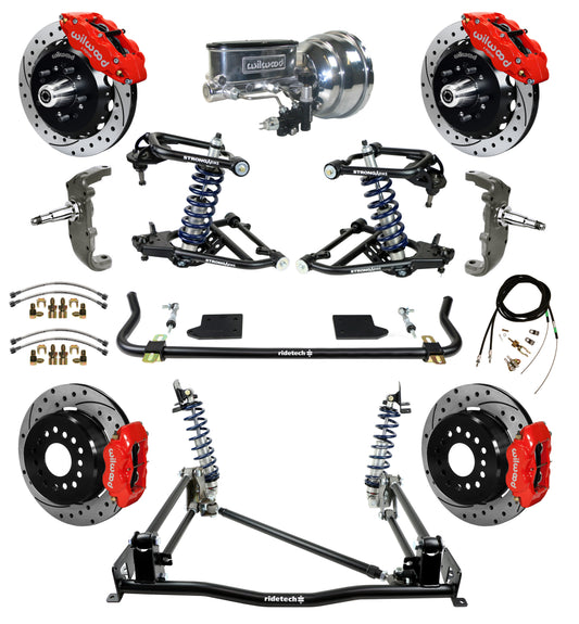 COILOVER & 4-LINK SYSTEM,WILWOOD 13" FRONT/12" REAR DRILLED BRAKES,RED,55-57