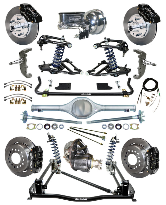 COILOVER & 4-LINK SYSTEM,CURRIE REAR END,WILWOOD 11" BRAKES,BLACK,55-57 CHEVY